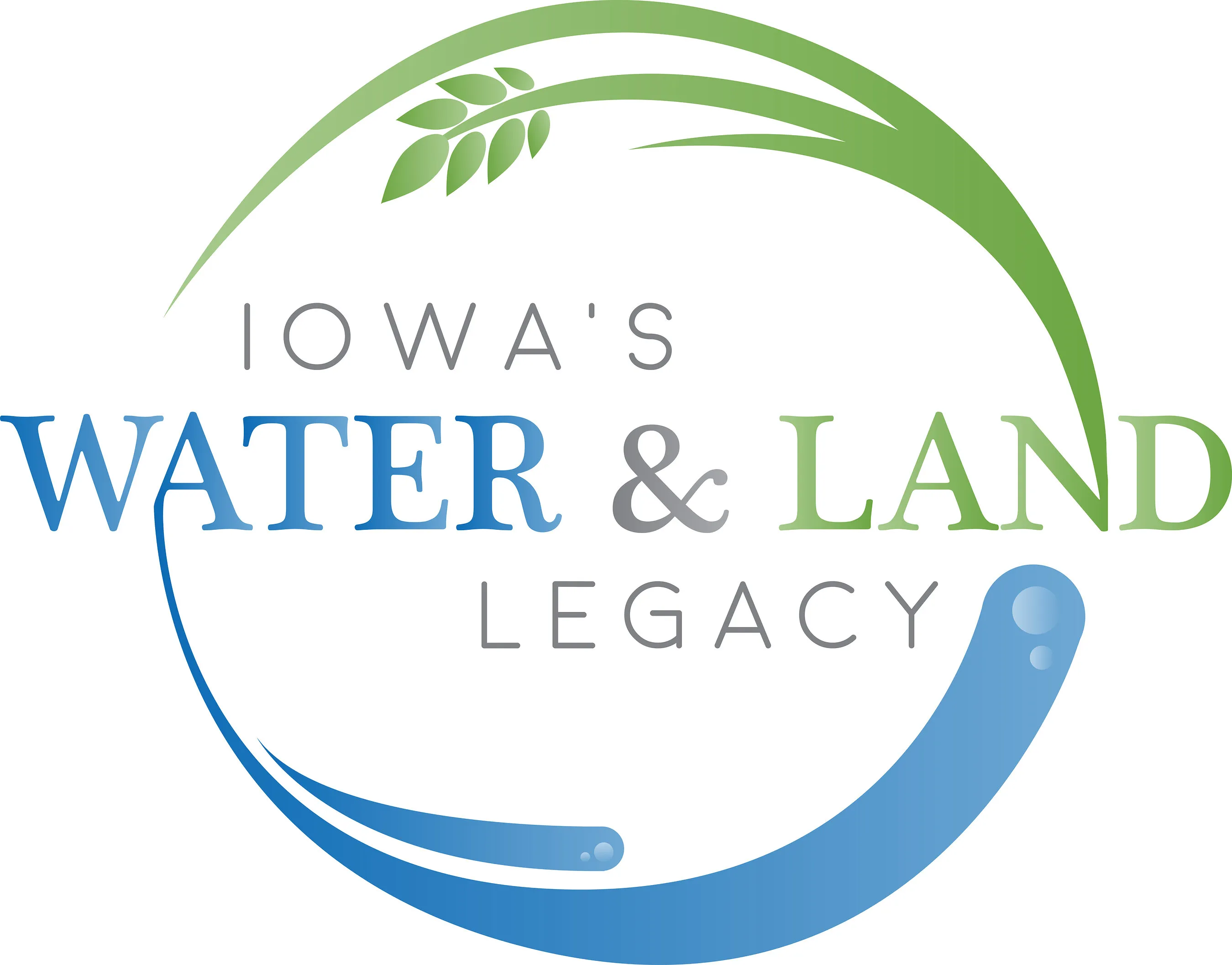 Iowa’s Water & Land Legacy logo with green leaves and blue water swooshes
