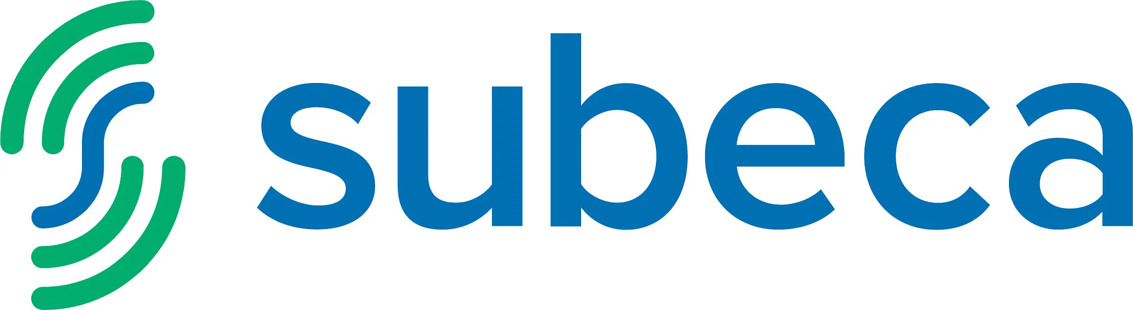 Subeca logo in blue with a green and blue curved-line emblem.