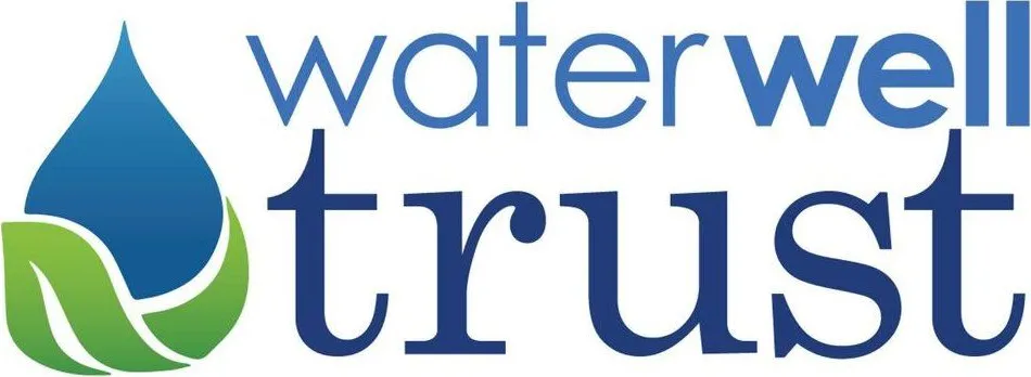 Water Well Trust logo with a blue water droplet above two green leaves.