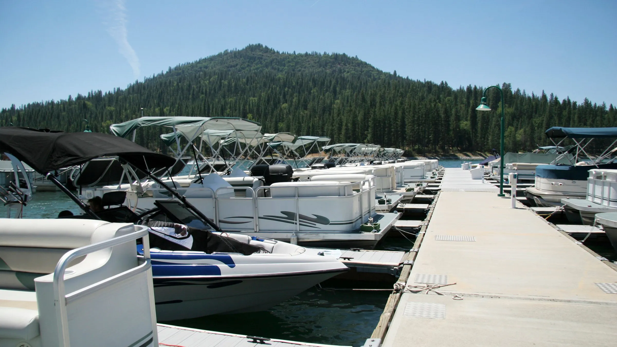 Pontoon boats moored along a floating dock at a lake marina below a forested hill